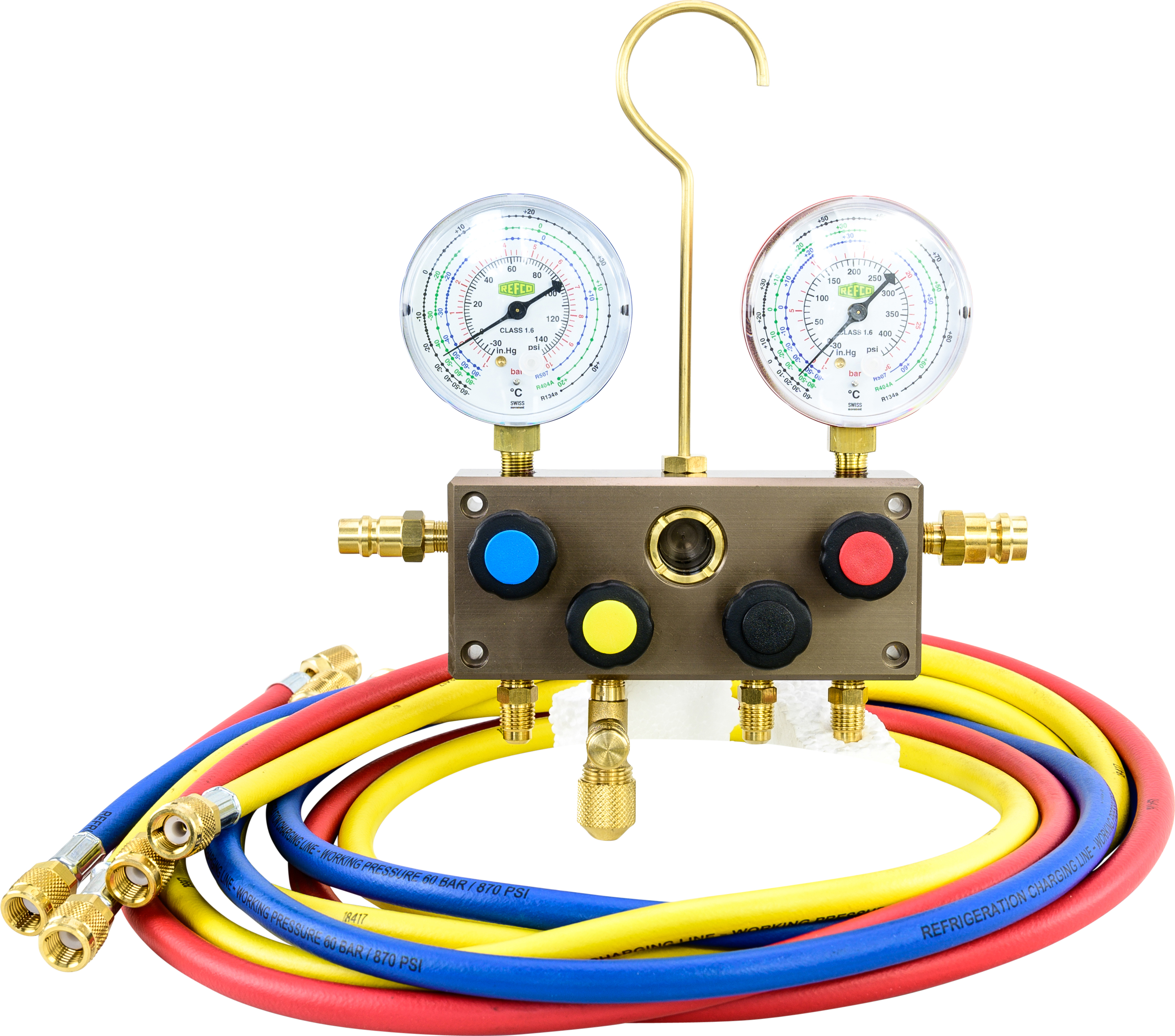 MANIFOLD GAUGE SET, REFCO, 1830MM (72 INCH) CHARGING HOSES, 4-WAY, BOURDON GAUGES, W/O COUPLERS