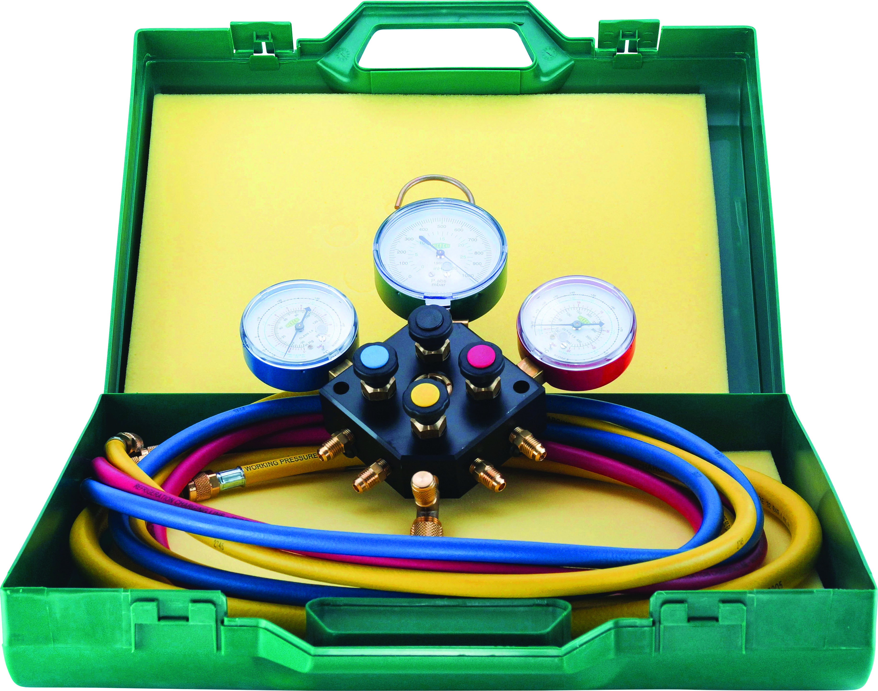 MANIFOLD GAUGE SET, REFCO, R134A & R1234YF, 1830MM (72 INCH) CHARGING HOSES, INCL VACUUM GAUGE, 4-WA