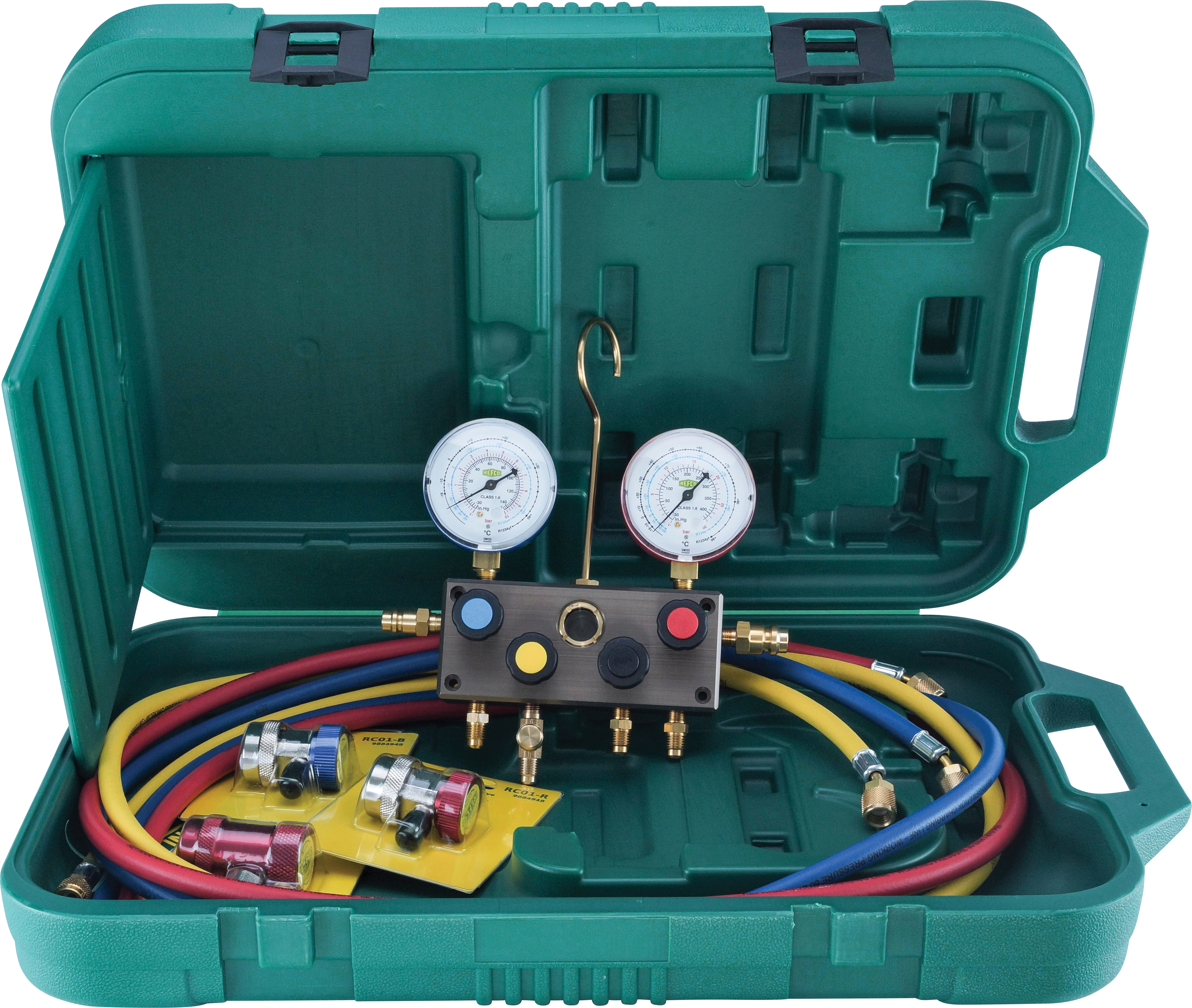 MANIFOLD GAUGE SET, REFCO, R1234YF, 1830MM (72 INCH) CHARGING HOSES, 4-WAY, INCL COUPLERS, CASE