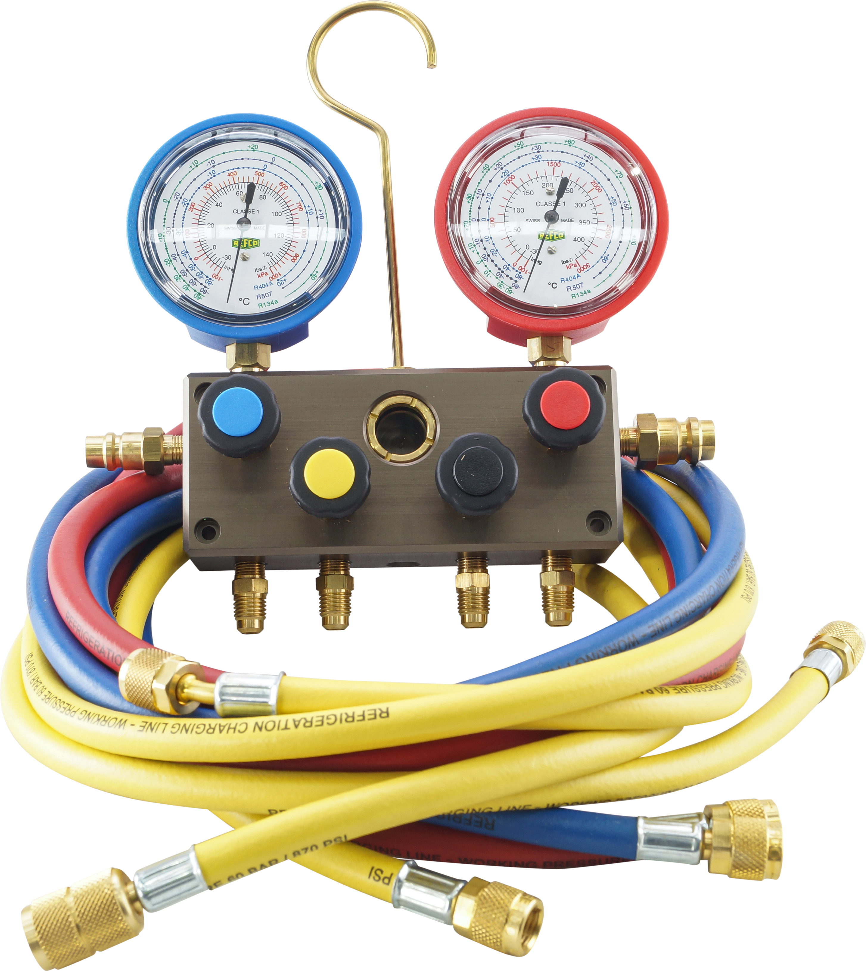MANIFOLD GAUGE SET, REFCO, 1830MM (72 INCH) CHARGING HOSES, FRONT WHEEL, 4-WAY, MULTI-REFRIGERANT, B