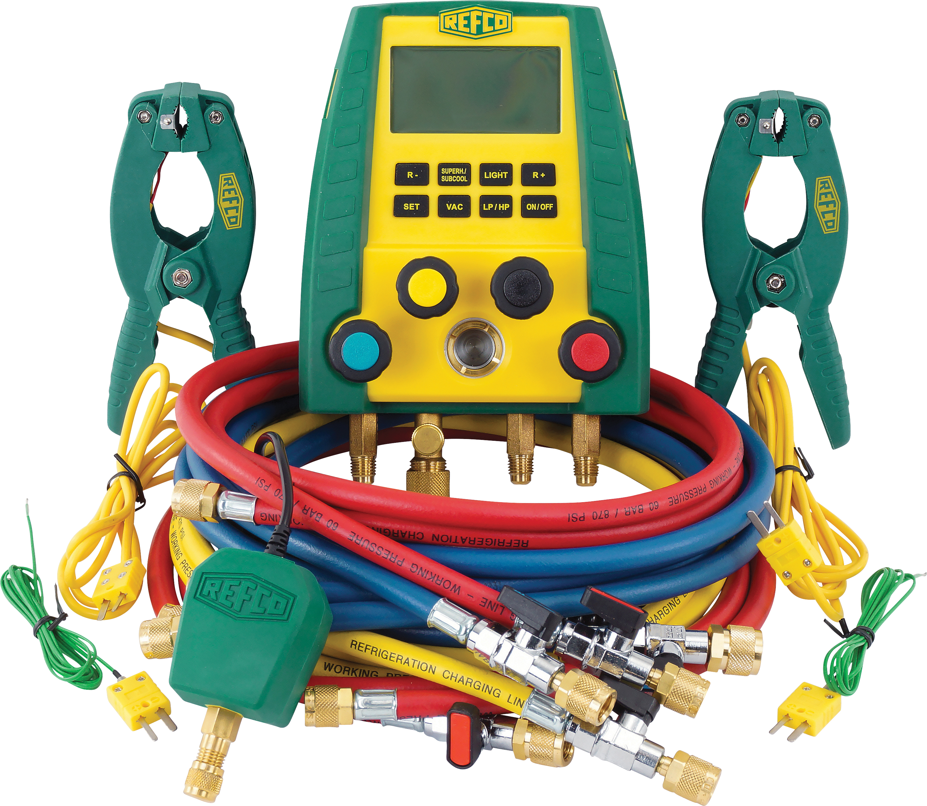 MANIFOLD GAUGE SET, REFCO, 1830MM (72 INCH) CHARGING HOSES, DIGITAL, MULTI-REFRIGERANT DIGIMON-4 3 P