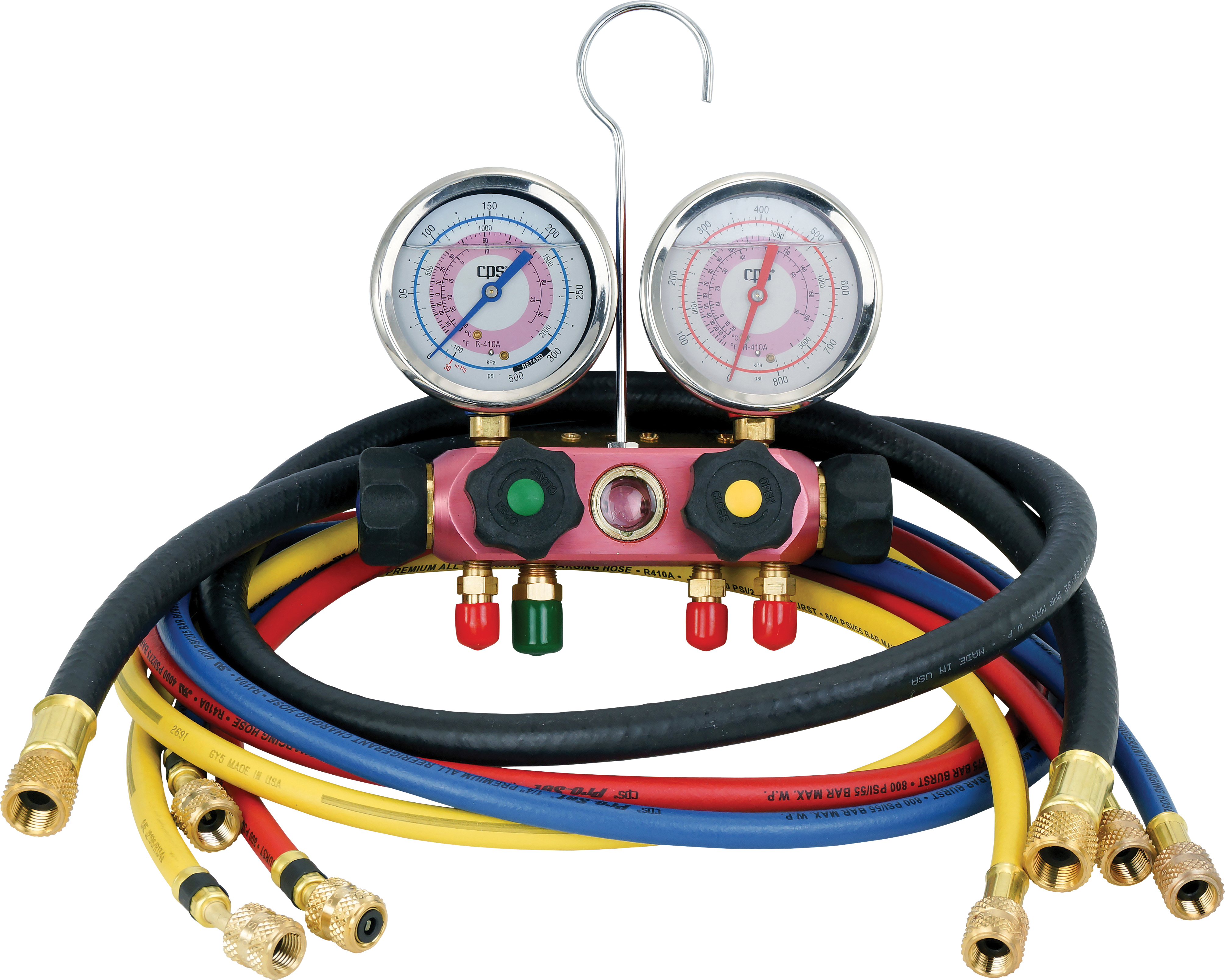 MANIFOLD GAUGE SET, CPS, R410A, 80MM, 4-WAY, LIQUID FILLED, INCL HOSES