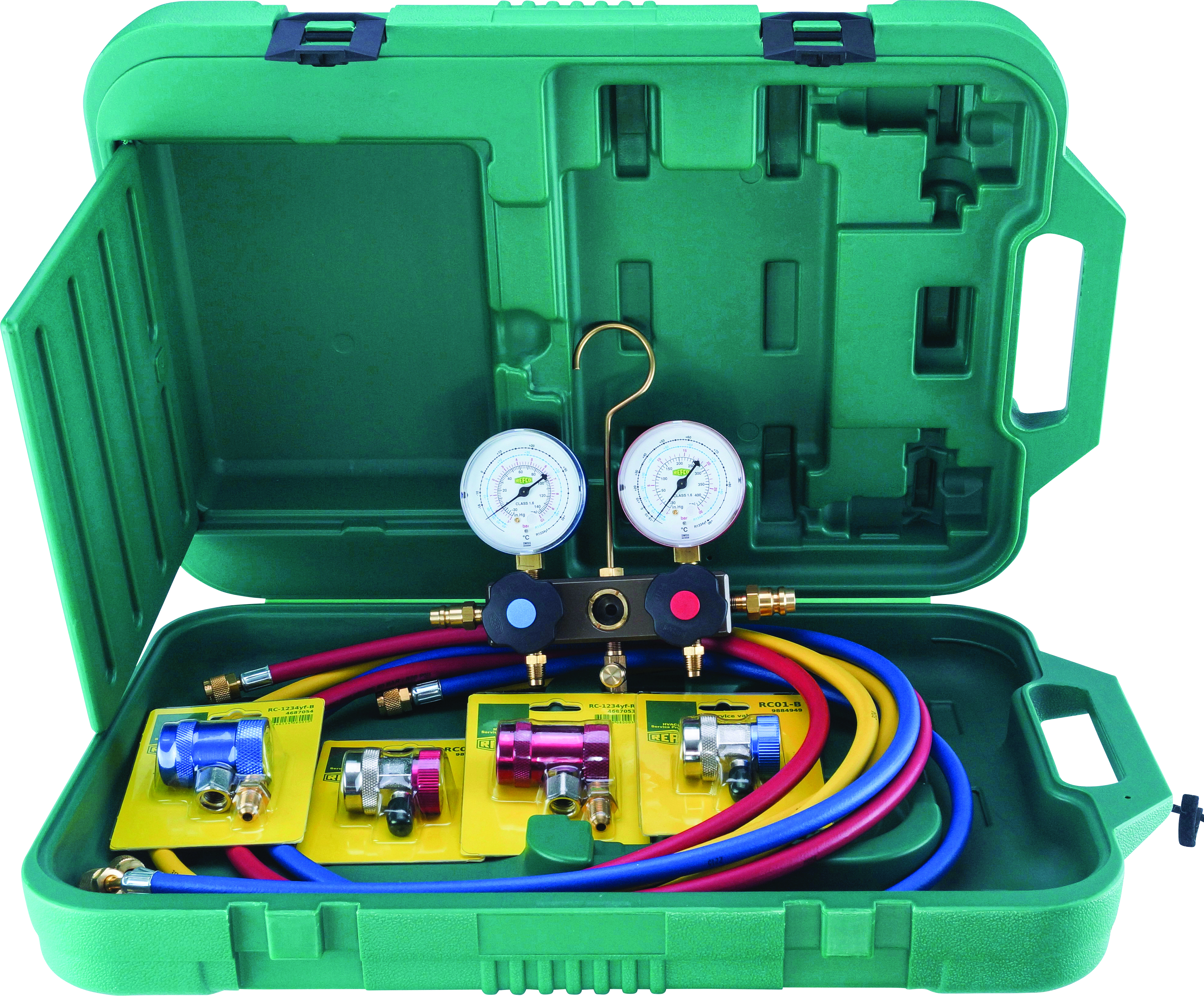 MANIFOLD GAUGE SET, REFCO, R1234YF, 1830MM (72 INCH) CHARGING HOSES, 2-WAY, INCL COUPLERS, CASE