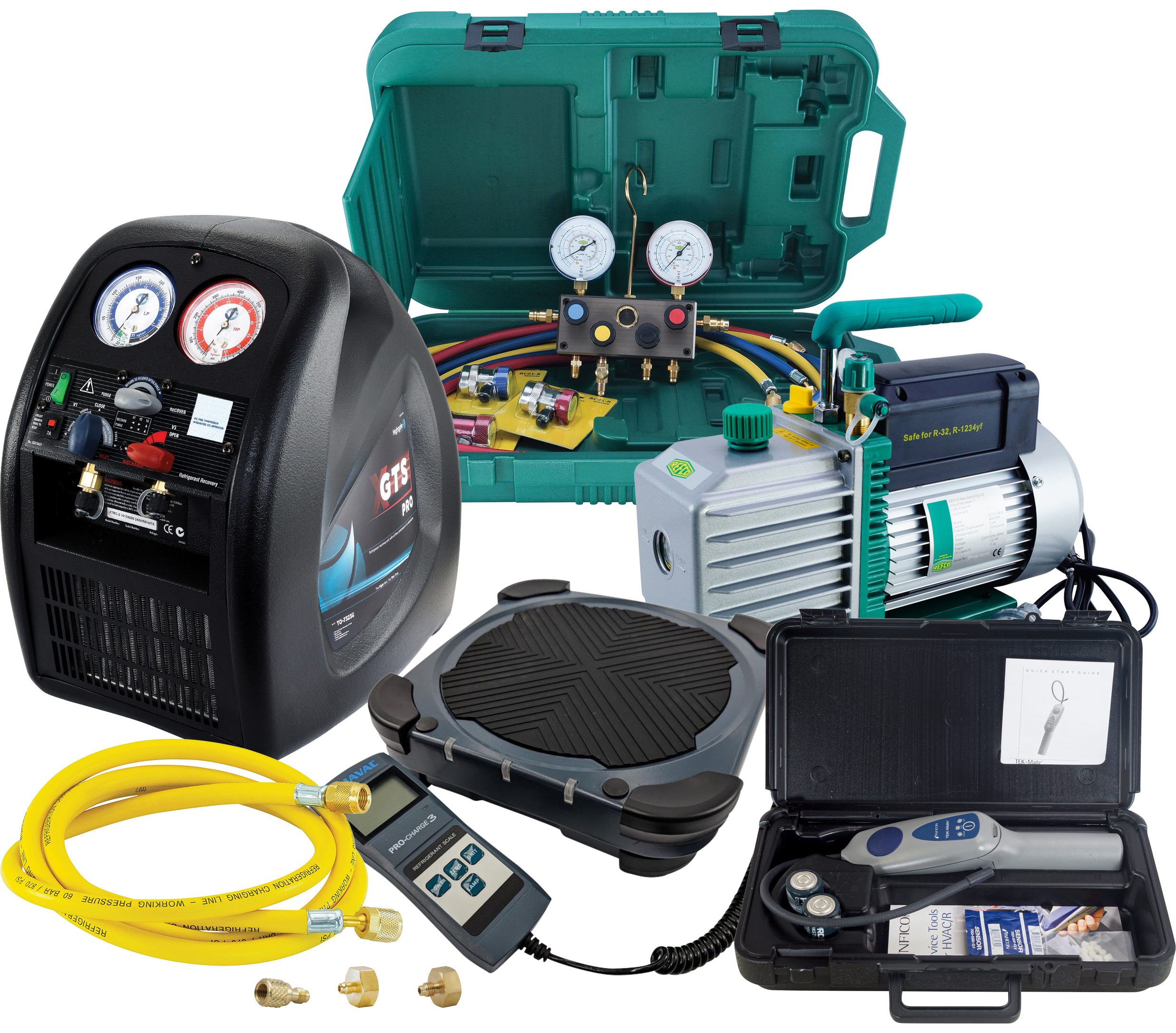 A/C STARTER KIT, R1234YF, INCL RECOVERY UNIT, VACUUM PUMP, LEAK DETECTOR, SCALES, 2-WAY GAUGE SET &