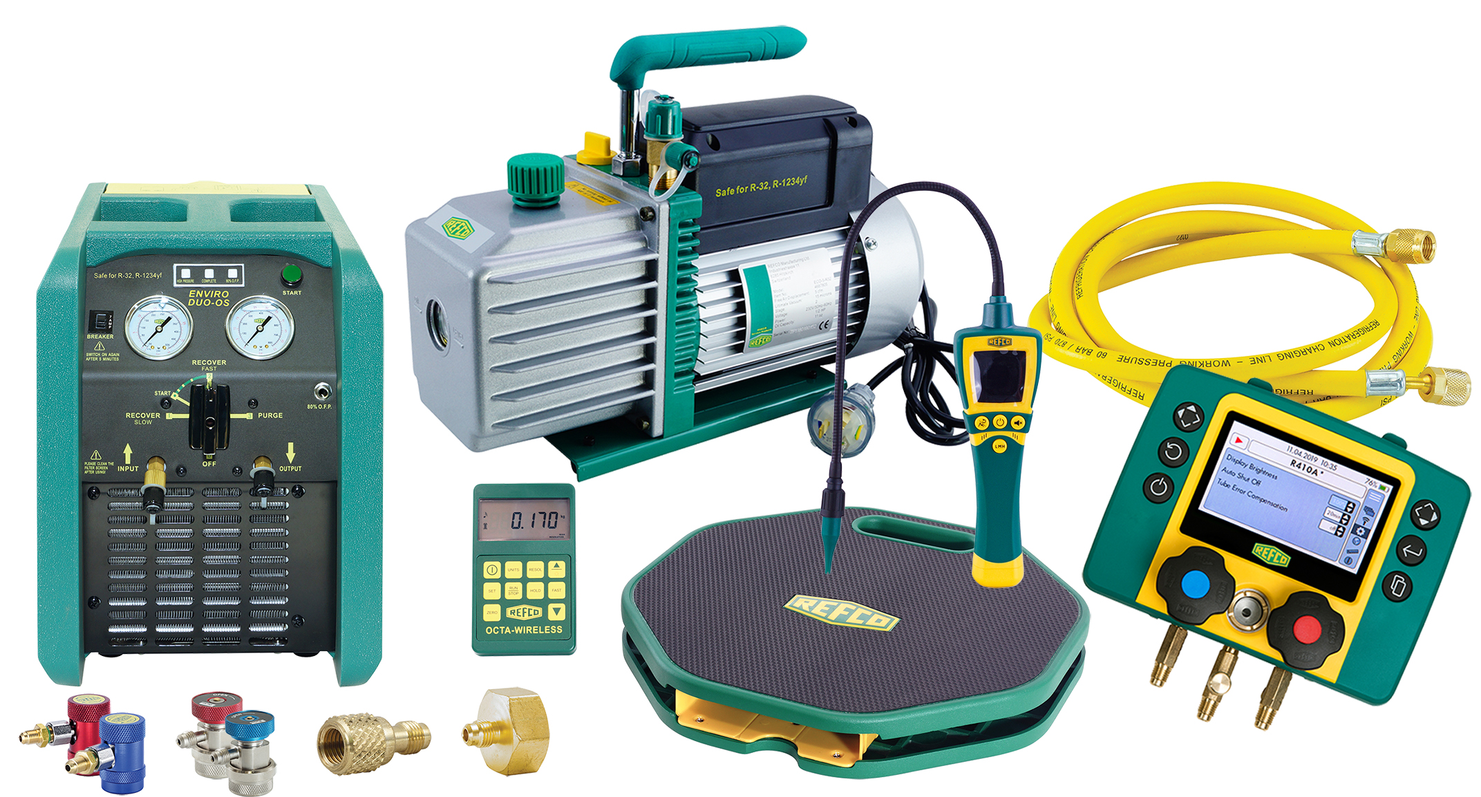 A/C STARTER KIT, REFCO, R134A & R1234YF RECOVERY UNIT, VAC PUMP, LEAK DETECTOR, SCALES, 2-WAY DIGITA